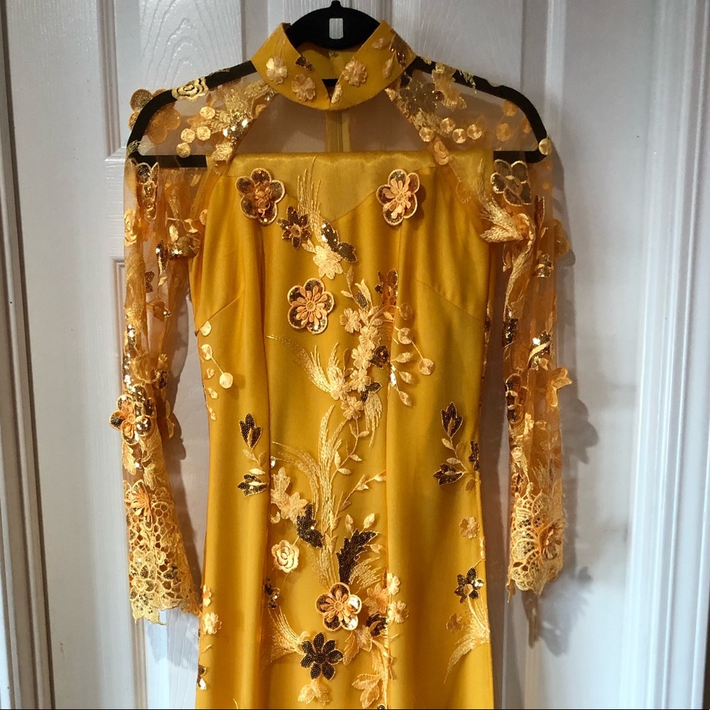 Yellow Dress with Flowers Details, Ao Dai